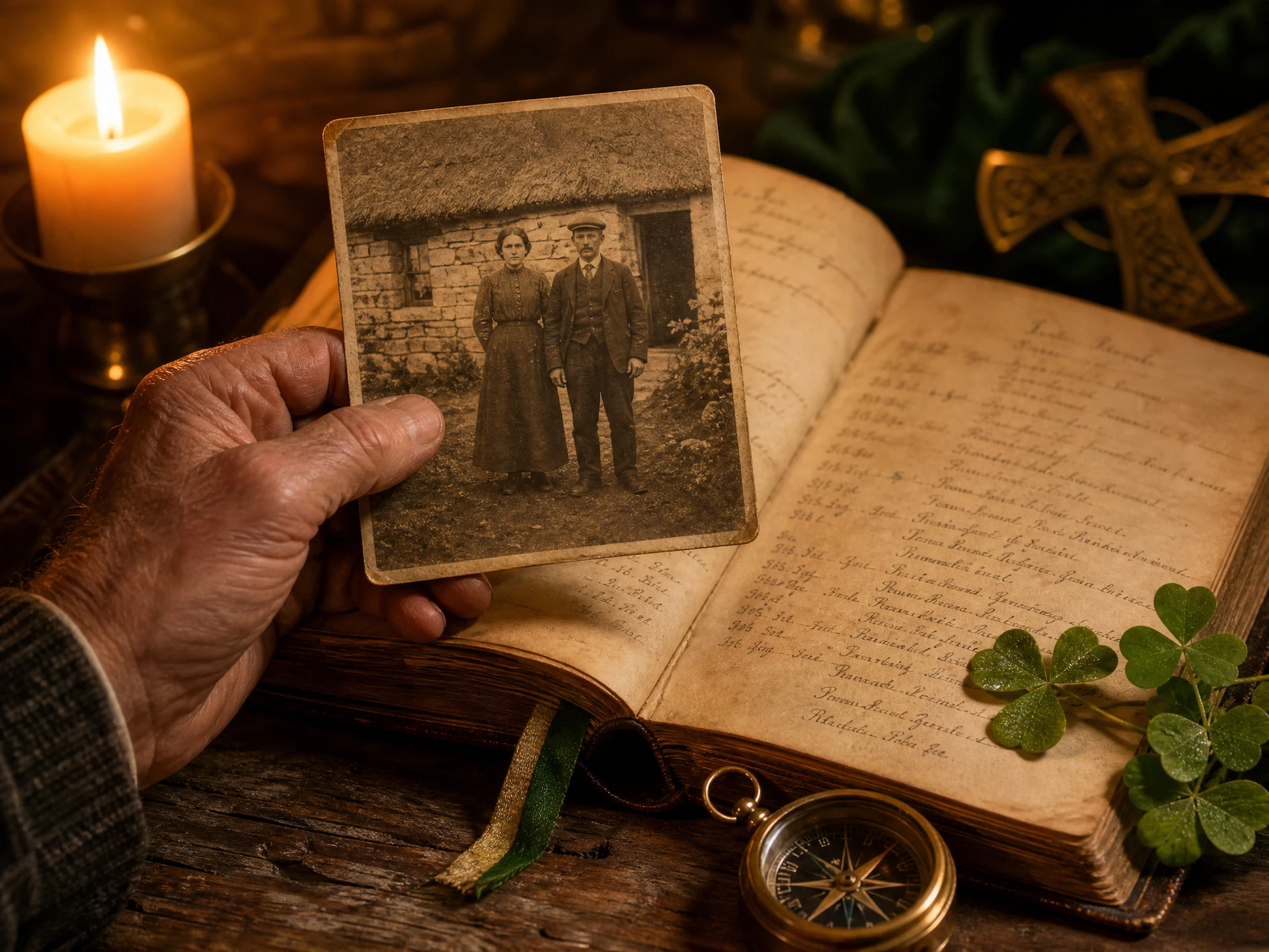A hand holding a vintage family photograph above an open family Bible with handwritten genealogy records
