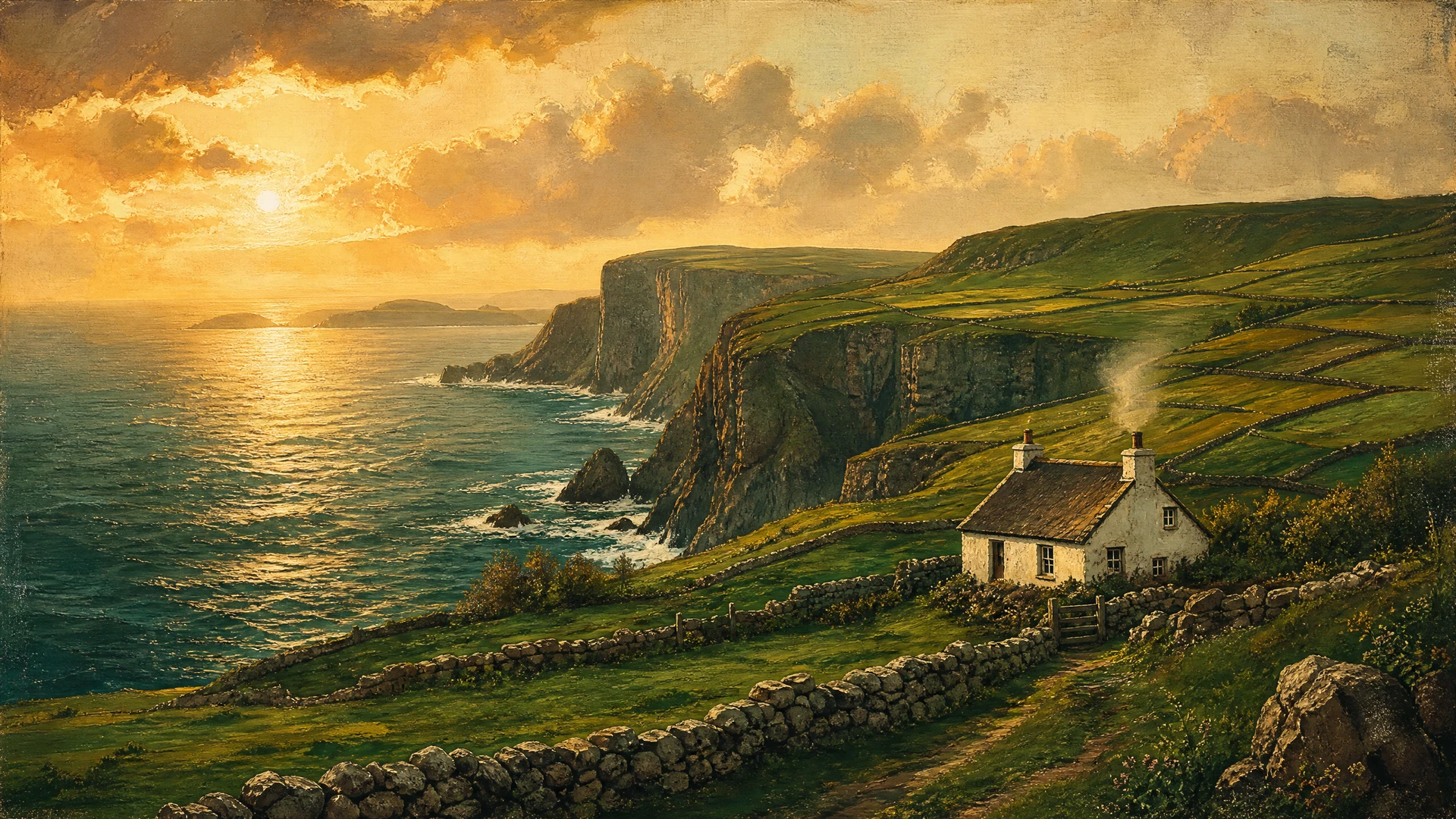 Rolling green hills and stone walls on the west coast of Ireland at golden hour