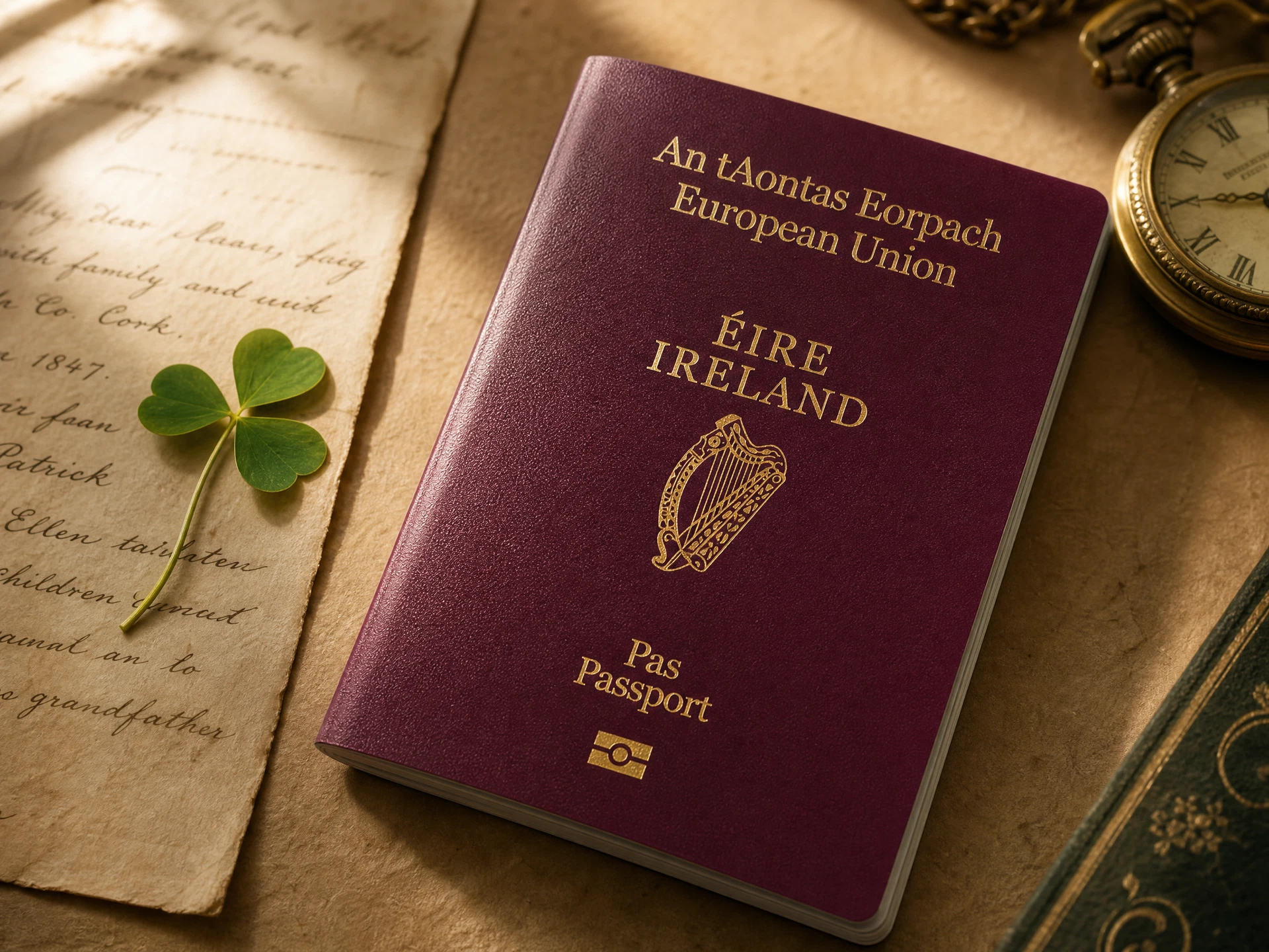 An Irish passport book with its burgundy cover and gold harp emblem, resting on a warm parchment desk