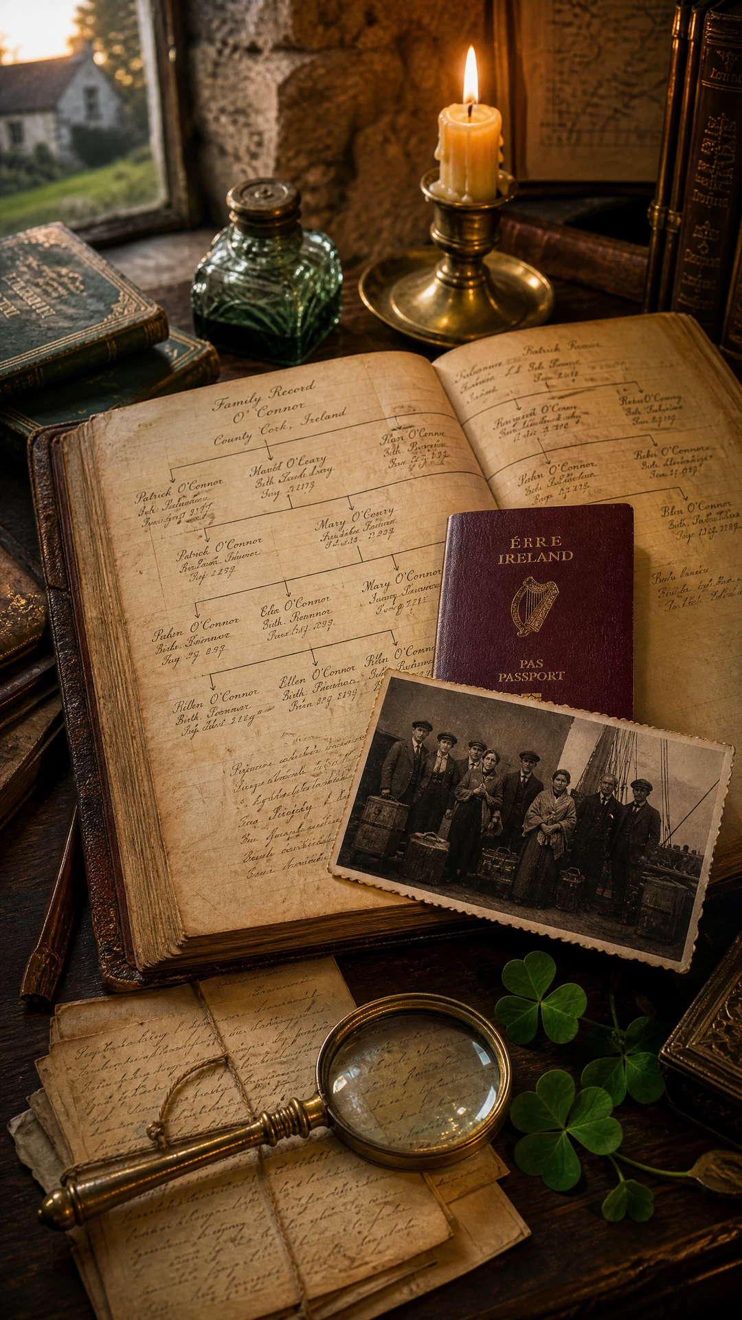 Candlelit genealogy research scene with an open family record ledger, vintage photograph, Irish passport, magnifying glass, and shamrock on a writing desk